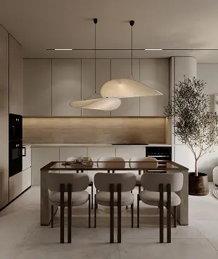 Modern kitchen with beige cabinets, wooden backsplash, island, six stools, and two pendant lights.