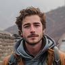Young man with curly hair, beard, and mustache wearing a gray hoodie and vest outdoors.