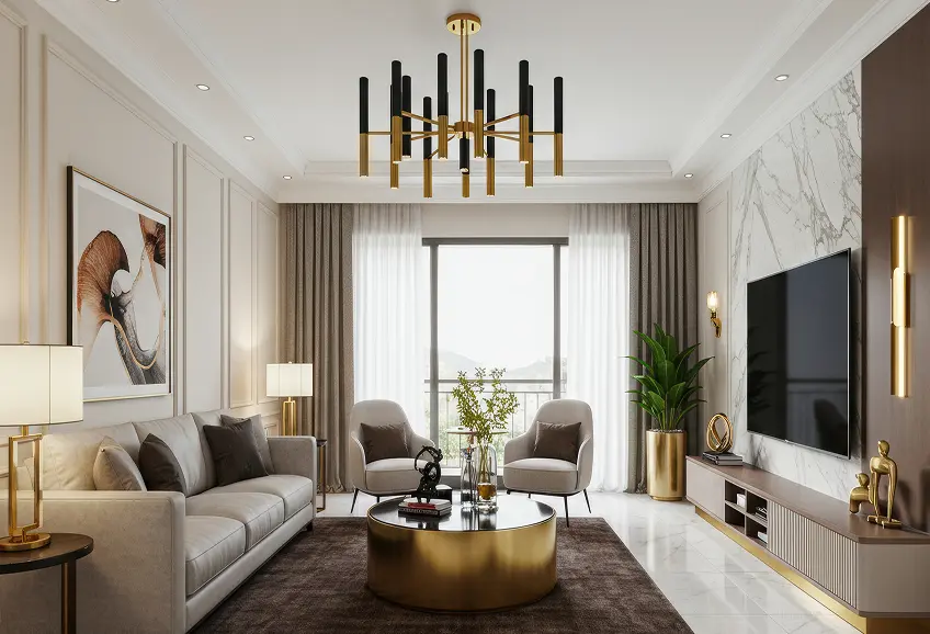 Modern living room with beige sofa, two armchairs, gold coffee table, and large wall-mounted TV.