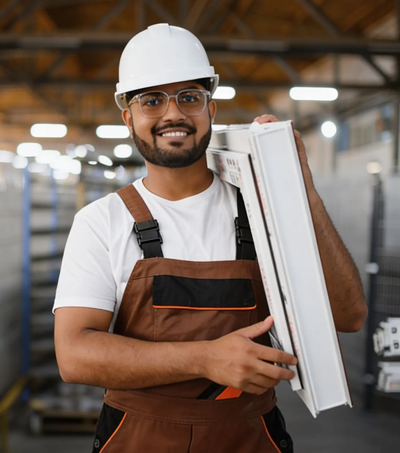 Smiling construction worker wearing a hard hat and brown overalls holding white window frames.