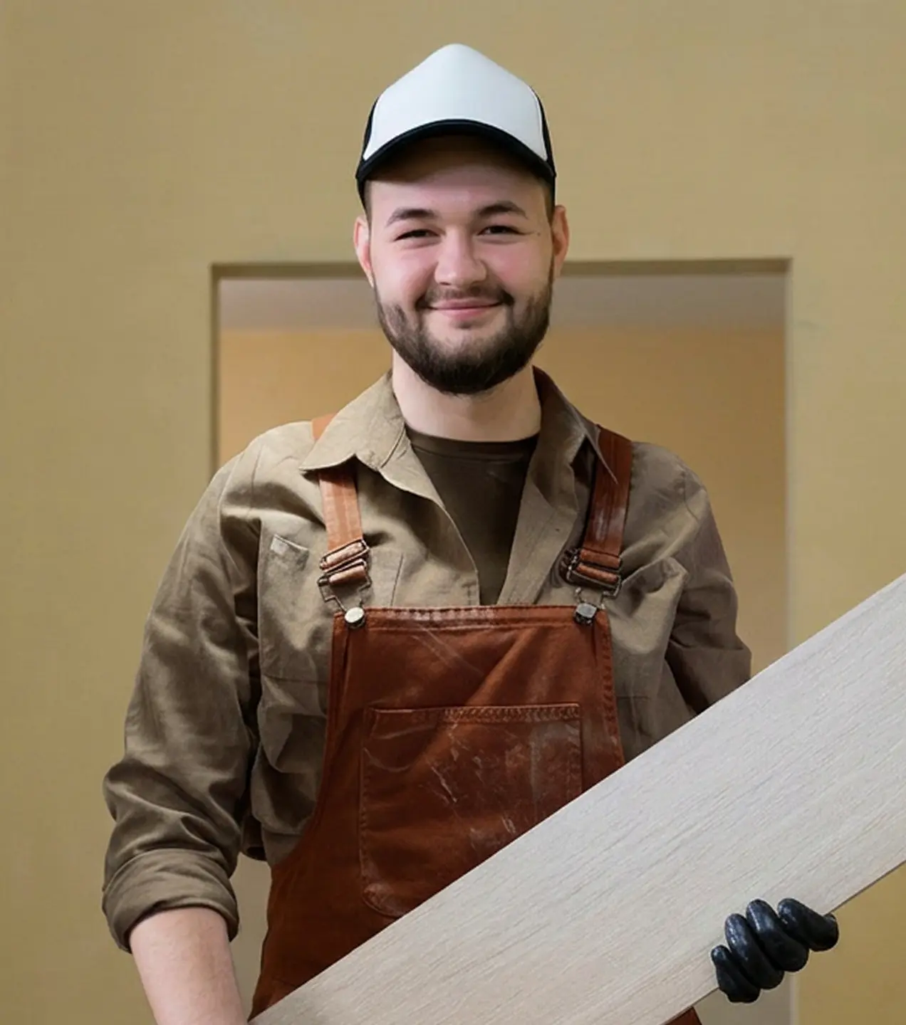 Smiling man in brown overalls and a cap holding a wooden plank wearing a black glove on one hand.