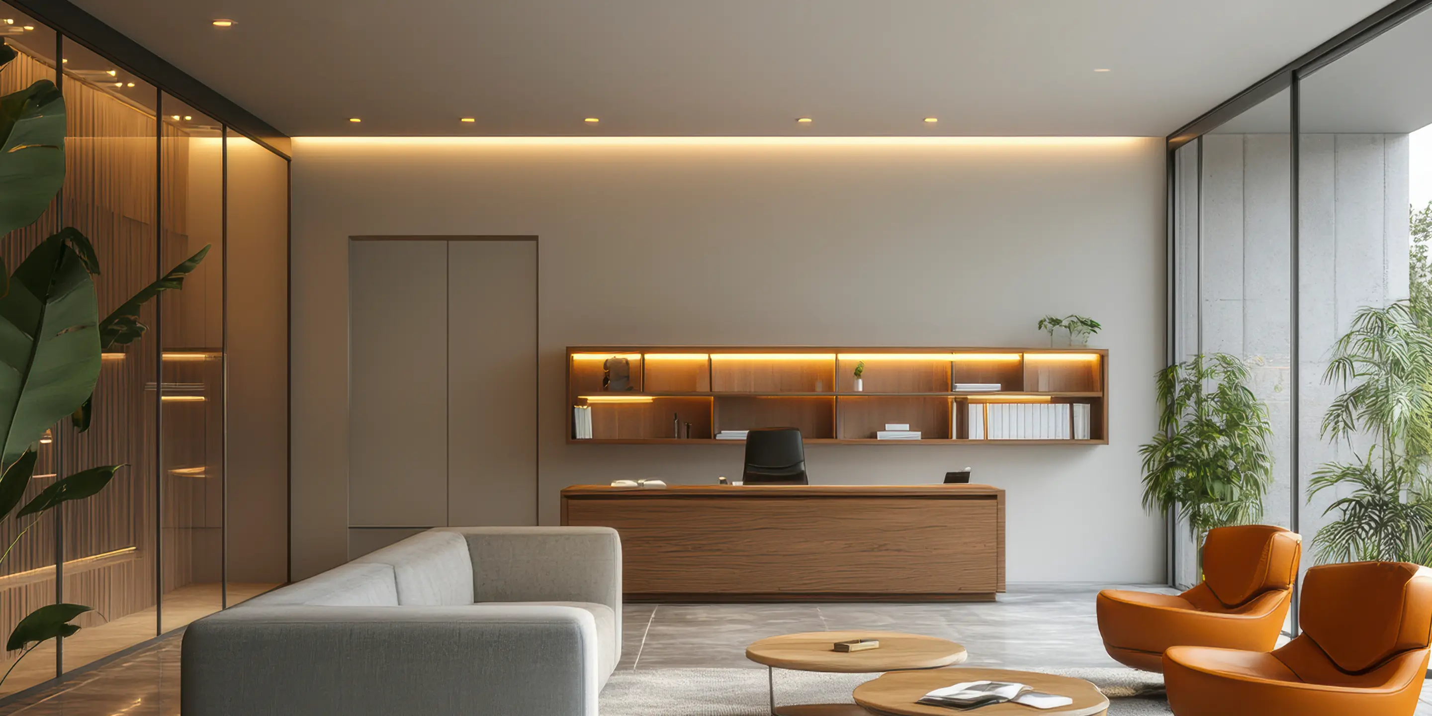 Modern office with wooden desk, gray sofa, two orange chairs, glass walls, and indoor plants.