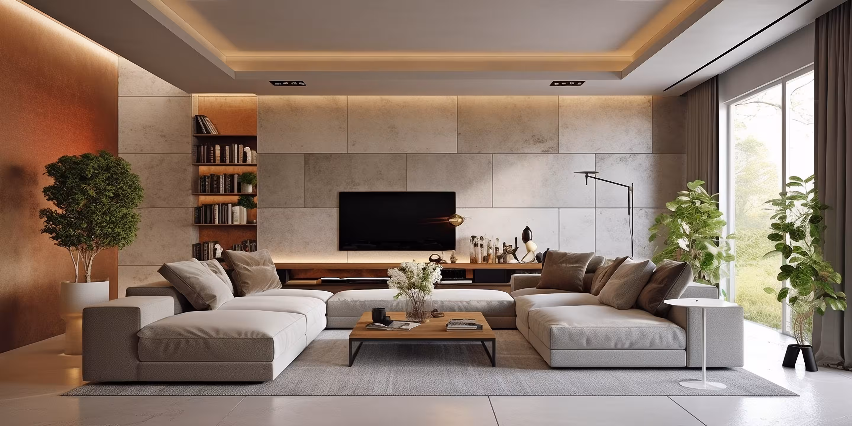 Modern living room with two gray sofas, wooden coffee table, TV, tall plants, and large window.