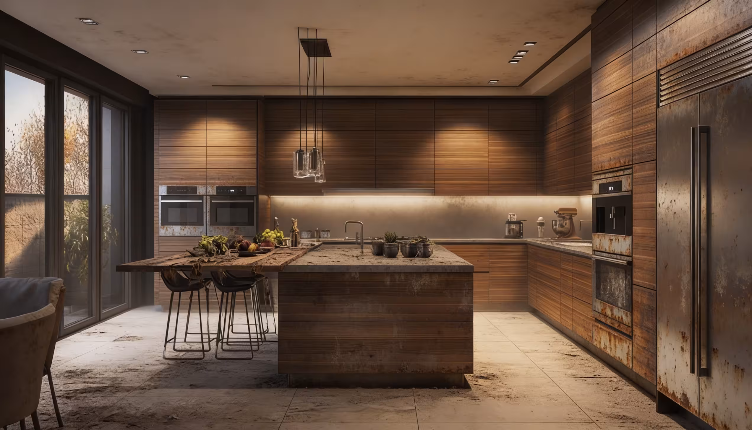 Modern kitchen with wood cabinets, island, bar stools, rusty appliances, and large windows.
