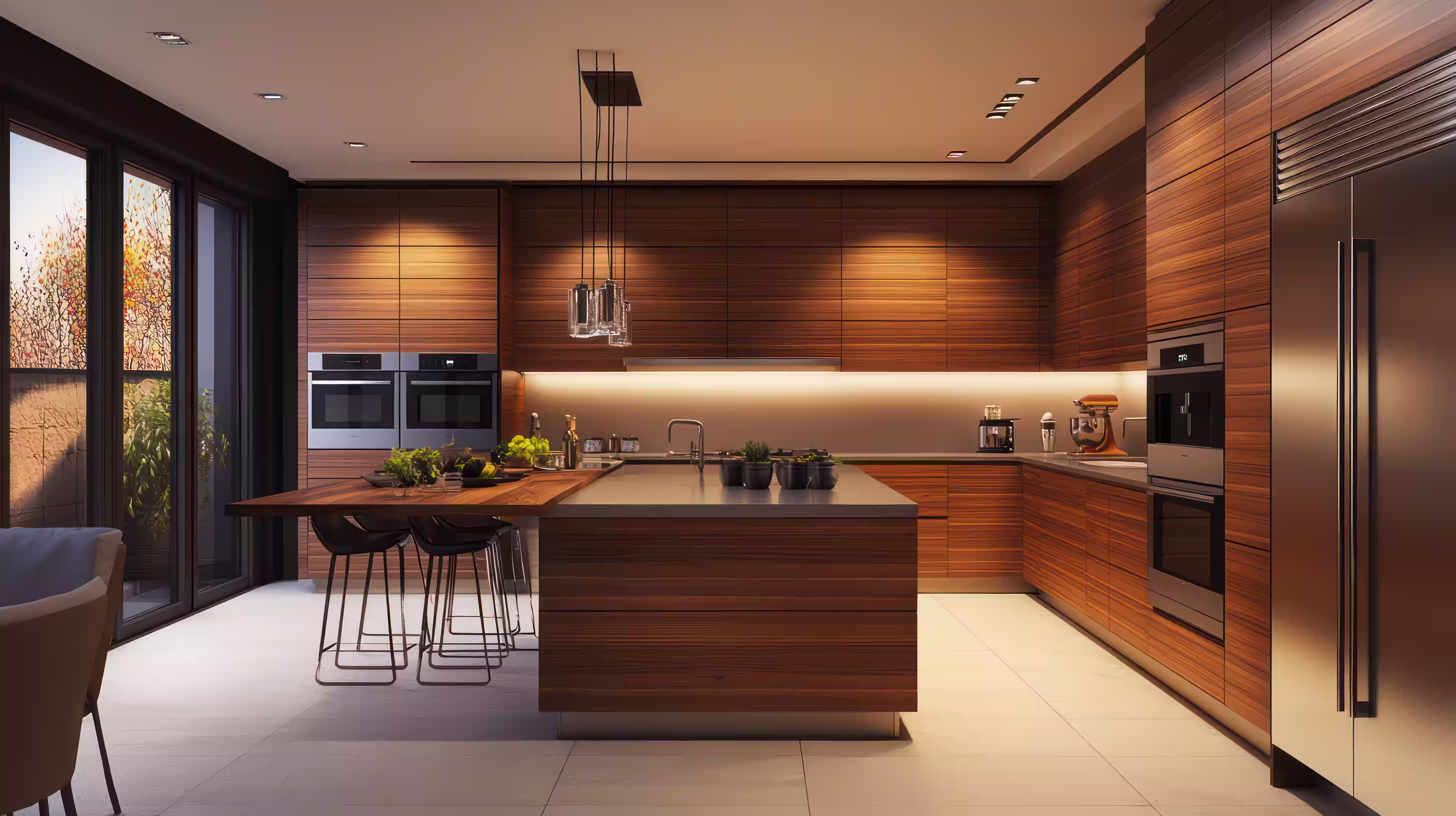 Modern kitchen with wood cabinets, kitchen island, bar stools, stainless steel appliances, and pendant lights.